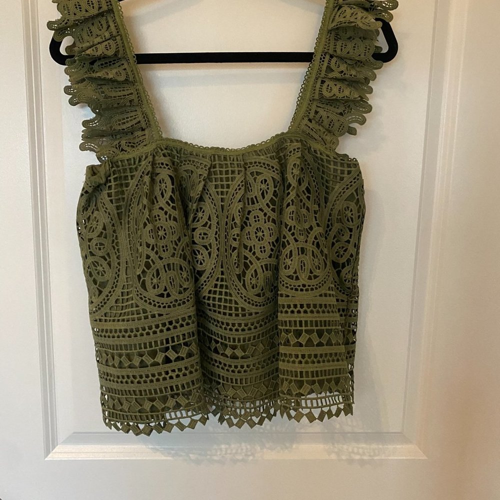 Lace overlay moss/avocado green top - Anthro